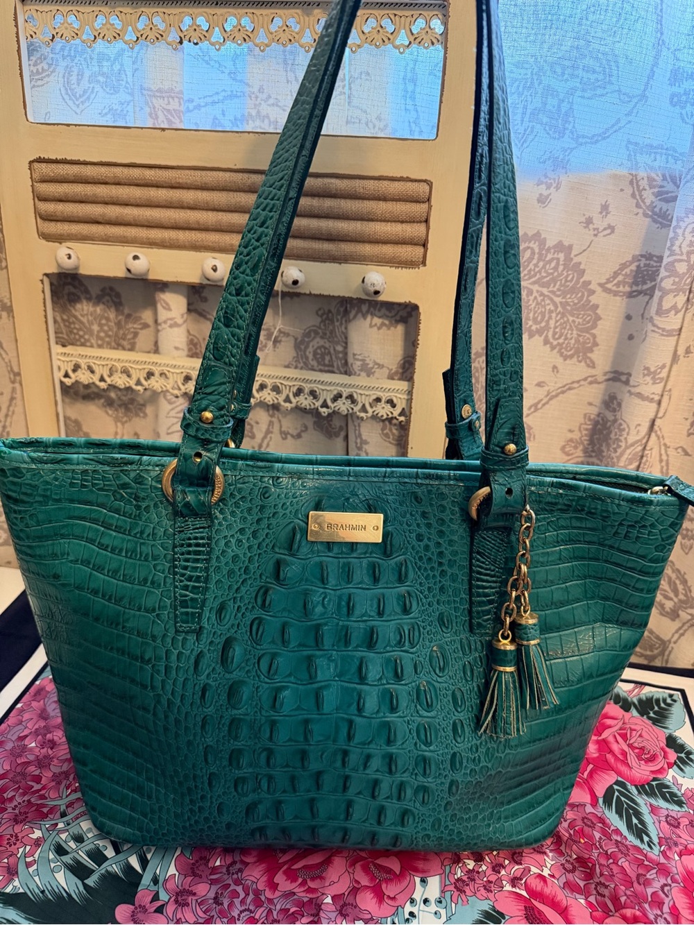 Brahmin Emerald Green Croc-Embossed Tote with Tassel Charm